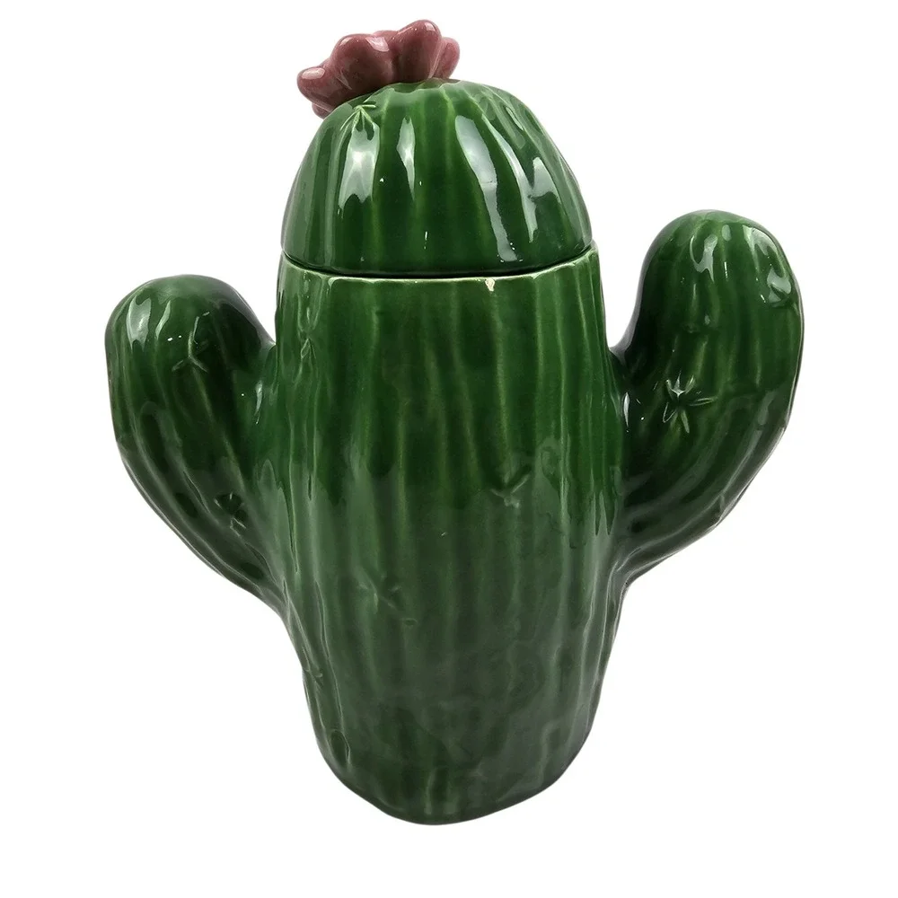 Green Ceramic Cactus Cookie Jar Pink Flower Lid Saguaro Desert Kitchen Decor